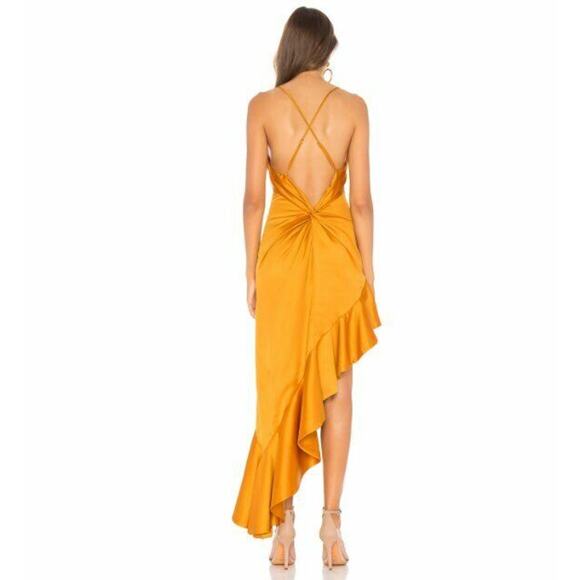 $198 NBD Sunset Golden Yellow That Love Satin Asymmetric Ruffle Gown XS NWT - Picture 3 of 11